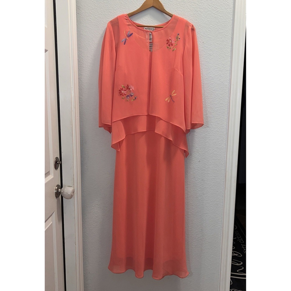 Karin Stevens Layer Long Dress & Jacket Set Coral Peach Pink Floral Embroidery